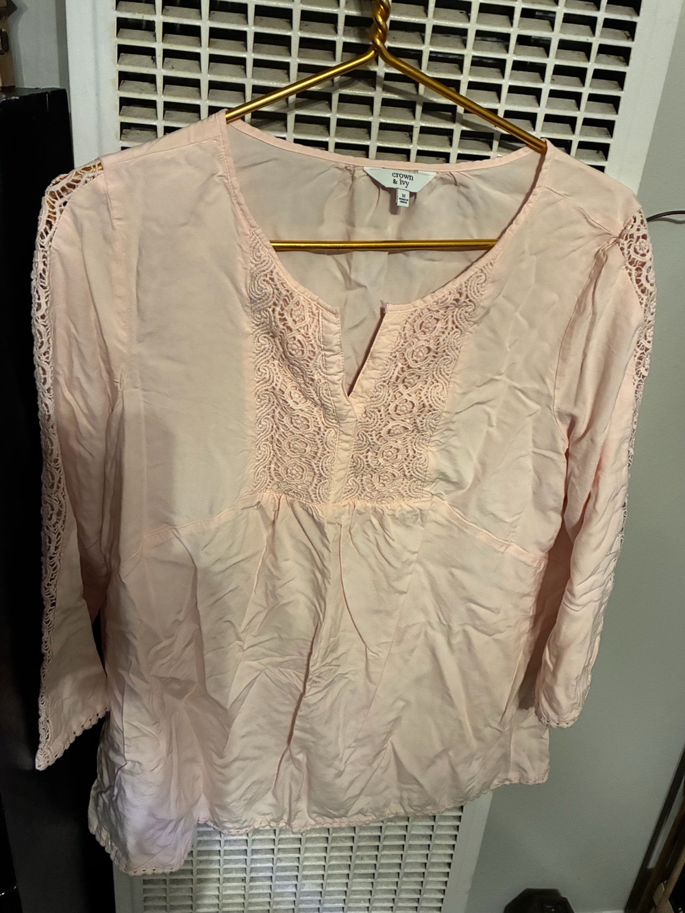 Pale Pink Lace-Trim Peasant Top